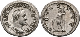 Gordian II, 238. Denarius (Silver, 20 mm, 3.61 g, 12 h), Rome, March-April 238. IMP M ANT GORDIANVS AFR AVG Laureate, draped and cuirassed bust of Gor...