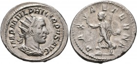 Philip I, 244-249. Antoninianus (Silver, 24 mm, 4.78 g, 12 h), Rome, 244. IMP M IVL PHILIPPVS AVG Radiate, draped and cuirassed bust of Philip I to ri...