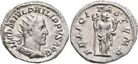 Philip I, 244-249. Antoninianus (Silver, 23 mm, 3.84 g, 1 h), Rome, 244-247. IMP M IVL PHILIPPVS AVG Radiate, draped and cuirassed bust of Philip I to...