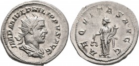 Philip I, 244-249. Antoninianus (Silver, 23 mm, 3.95 g, 8 h), Rome, 247-249. IMP M IVL PHILIPPVS AVG Radiate, draped and cuirassed bust of Philip I to...