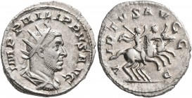 Philip I, 244-249. Antoninianus (Silver, 22 mm, 3.60 g, 6 h), Rome, 248. IMP PHILIPPVS AVG Radiate, draped and cuirassed bust of Philip I to right, se...