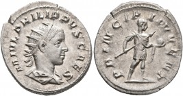 Philip II, as Caesar, 244-247. Antoninianus (Silver, 23 mm, 4.00 g, 1 h), Rome, 244-246. M IVL PHILIPPVS CAES Radiate and draped bust of Philip II to ...