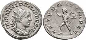 Philip II, 247-249. Antoninianus (Silver, 22 mm, 4.95 g, 6 h), Rome. IMP M IVL PHILIPPVS AVG Radiate, draped and cuirassed bust of Philip II to right,...