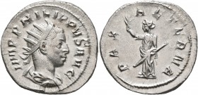 Philip II, 247-249. Antoninianus (Silver, 23 mm, 4.09 g, 6 h), Rome. IMP PHILIPPVS AVG Radiate, draped and cuirassed bust of Philip II to right, seen ...