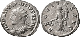 Philip II, 247-249. Antoninianus (Silver, 20 mm, 3.05 g, 12 h), Antiochia, 247. IMP M IVL PHILIPPVS AVG Radiate and cuirassed bust of Philip II to lef...