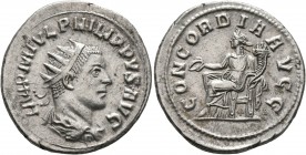 Philip II, 247-249. Antoninianus (Silver, 22 mm, 4.27 g, 6 h), Antiochia. IMP M IVL PHILIPPVS AVG Radiate, draped and cuirassed bust of Philip II to r...