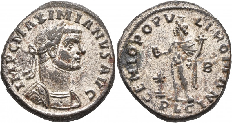 Maximianus, first reign, 286-305. Follis (Silvered bronze, 28 mm, 10.00 g, 7 h),...