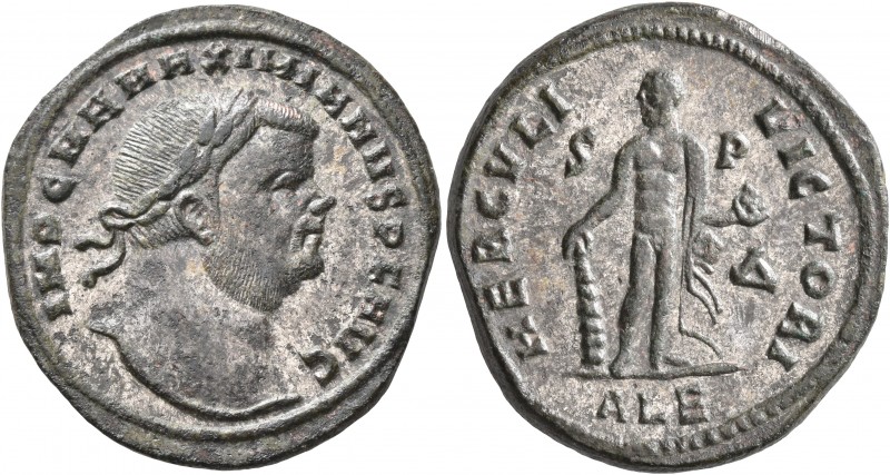 Maximianus, first reign, 286-305. Follis (Silvered bronze, 27 mm, 10.92 g, 1 h),...