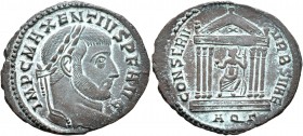 Maxentius, 307-312. Follis (Bronze, 26 mm, 5.22 g, 6 h), Aquileia, autumn 307-309/310. IMP C MAXENTIVS P F AVG Laureate head of Maxentius to right. Re...