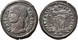 Maxentius, 307-312. Half Follis (Bronze, 21 mm, 4.34 g, 5 h), Rome, circa 310. MAXENTI-VS P F AVG Laureate head of Maxentius to left. Rev. VICTORIA AE...