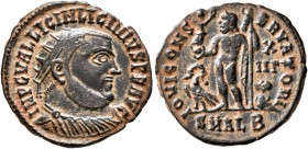 Licinius I, 308-324. Follis (Bronze, 19 mm, 3.00 g, 11 h), Alexandria, 321-324. IMP C VAL LICIN LICINIVS P F AVG Radiate, draped and cuirassed bust of...