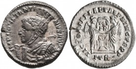 Constantine I, 307/310-337. Siliqua or Argenteus (Billon, 18 mm, 2.35 g, 6 h), Treveri, 310-313. IMP CONSTAN-TINVS AVG Helmeted and cuirassed bust of ...
