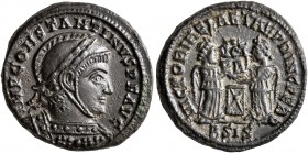 Constantine I, 307/310-337. Follis (Bronze, 18 mm, 3.81 g, 7 h), Siscia, 318-319. IMP CONSTANTINVS P F AVG Laureate, helmeted and cuirassed bust of Co...