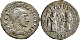 Constantine I, 307/310-337. Follis (Bronze, 17 mm, 2.32 g, 6 h), a contemporary imitation of an issue from Siscia, after 318. DVIISVRTIIRTSIIoPPIII La...