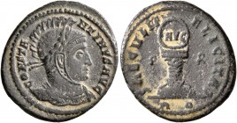 Constantine I, 307/310-337. Follis (Bronze, 20 mm, 2.92 g, 12 h), Rome, 318-319. IMP CONSTA-NTINVS AVG Laureate, helmeted and cuirassed bust of Consta...