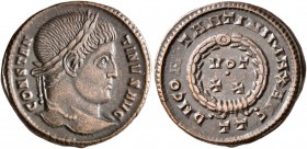 Constantine I, 307/310-337. Follis (Bronze, 19 mm, 3.42 g, 1 h), Ticinum, 322-325. CONSTAN-TINVS AVG Laureate head of Constantine I to right. Rev. D N...