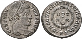 Constantine I, 307/310-337. Follis (Silvered bronze, 18 mm, 3.08 g, 7 h), Ticinum, 322-325. CONSTAN-TINVS AVG Laureate head of Constantine I to right....