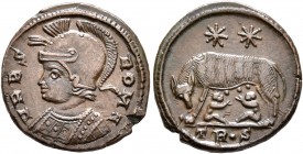 Commemorative Series, 330-354. Follis (Bronze, 16 mm, 2.62 g, 1 h), Treveri, 332-333. VRBS ROMA Helmeted and mantled bust of Roma to left. Rev. She-wo...