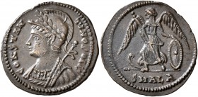 Commemorative Series, 330-354. Follis (Bronze, 18 mm, 2.00 g, 11 h), Alexandria, 333-335. CONSTAN-TINOPOLIS Helmeted, laureate and mantled bust of Con...