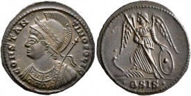 Commemorative Series, 330-354. Follis (Bronze, 18 mm, 2.46 g, 12 h), Siscia, 334-335. CONSTAN-TINOPOLIS Helmeted, laureate and mantled bust of Constan...