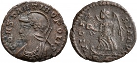 Commemorative Series, 330-354. Follis (Bronze, 16 mm, 2.36 g, 12 h), Rome, 337-March 340. CONSTANTINOPOLIS Helmeted, laureate and mantled bust of Cons...