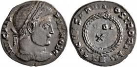 Crispus, Caesar, 316-326. Follis (Bronze, 18 mm, 3.59 g, 7 h), a contemporary imitation of an issue from Treveri, after 323. CRISPVS NOB C Laureate he...