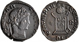 Constantine II, as Caesar, 316-337. Follis (Bronze, 17 mm, 1.90 g, 6 h), a contemporary imitation of an issue from Lugdunum, after 322. CONSTANTINVS [...