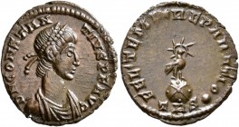 Constantius II, 337-361. Follis (Bronze, 18 mm, 2.67 g, 6 h), Treveri, 348-350. D N CONSTAN-TIVS P F AVG Pearl-diademed, draped and cuirassed bust of ...