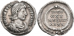Constantius II, 337-361. Siliqua (Silver, 20 mm, 2.00 g, 6 h), Constantinopolis, March 351-November 355. D N CONSTAN-TIVS P F AVG Pearl-diademed, drap...