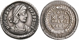Constantius II, 337-361. Siliqua (Silver, 19 mm, 2.17 g, 12 h), Siscia, 351-3511. D N CONSTAN-TIVS P F AVG Pearl-diademed, draped and cuirassed bust o...