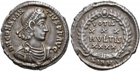 Constantius II, 337-361. Siliqua (Silver, 20 mm, 2.32 g, 6 h), Sirmium, 355-361. D N CONSTAN-TIVS P F AVG Pearl-diademed, draped and cuirassed bust of...