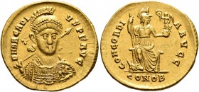 Arcadius, 383-408. Solidus (Gold, 20 mm, 4.40 g, 6 h), Constantinopolis, 397-402. D N ARCADI-VS P F AVG Pearl-diademed, helmeted and cuirassed bust of...