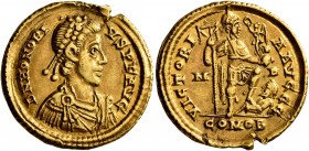 Honorius, 393-423. Solidus (Gold, 21 mm, 4.44 g, 6 h), Mediolanum, 395-423. D N HONORI-VS P F AVG Pearl-diademed, draped and cuirassed bust of Honoriu...