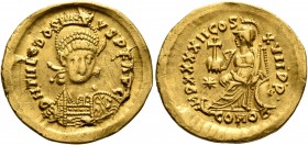 Theodosius II, 402-450. Solidus (Gold, 21 mm, 4.20 g, 7 h), Constantinopolis, 443-450. D N THEODOSI-VS P F AVG Pearl-diademed, helmeted and cuirassed ...