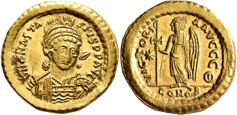 Anastasius I, 491-518. Solidus (Gold, 21 mm, 4.52 g, 7 h), Constantinopolis, cir...