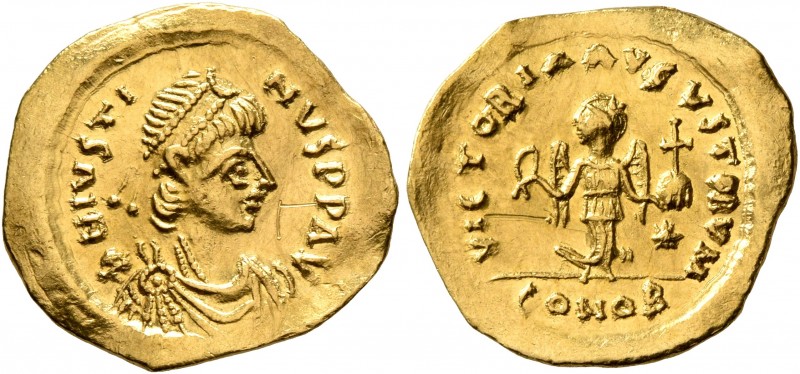 Justin I, 518-527. Tremissis (Gold, 15 mm, 1.43 g, 7 h), Constantinopolis. D N I...