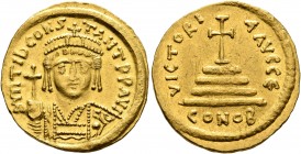 Tiberius II Constantine, 578-582. Solidus (Gold, 21 mm, 4.48 g, 7 h), Constantinopolis, 579-582. δ m TIb CONSTANT P P AVG Draped and cuirassed bust of...