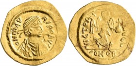 Maurice Tiberius, 582-602. Semissis (Gold, 20 mm, 2.14 g, 7 h), Constantinopolis. ο N mAVRI P P AV' Pearl-diademed, draped and cuirassed bust of Anast...