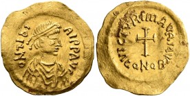 Maurice Tiberius, 582-602. Tremissis (Gold, 17 mm, 1.48 g, 7 h), Constantinopolis. D N TIbI-RI P P AVG Pearl-diademed, draped and cuirassed bust of Ma...