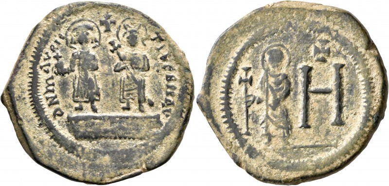 Maurice Tiberius, with Constantina and Theodosius, 582-602. Follis (Bronze, 32 m...