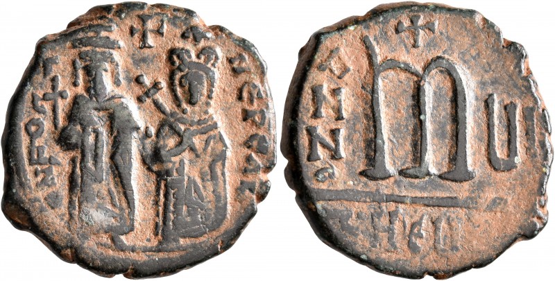 Phocas, 602-610. Follis (Bronze, 28 mm, 10.32 g, 12 h), with Leontia, Theoupolis...