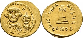 Heraclius, with Heraclius Constantine, 610-641. Solidus (Gold, 21 mm, 4.50 g, 7 h), Constantinopolis, circa 616-625. [dd NN hERA]CLIЧS ET hERA CONST[....