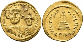 Heraclius, with Heraclius Constantine, 610-641. Solidus (Gold, 21 mm, 4.45 g, 6 h), Constantinopolis, circa 616-625. dd NN hERACLIЧS ET hERA CONST P P...