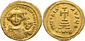 Heraclius, with Heraclius Constantine, 610-641. Solidus (Gold, 21 mm, 4.49 g, 7 h), Constantinopolis, circa 616-625. dd NN hERACLIЧS ET hERA CONST P P...