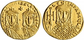 Constantine V Copronymus, with Leo IV, 741-775. Solidus (Gold, 20 mm, 4.46 g, 6 h), Constantinopolis, circa 757-775. COҺSTAҺTIҺOS S LЄOҺ O ҺЄOS Crowne...