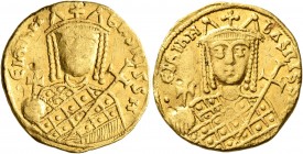 Irene, 797-802. Solidus (Gold, 19 mm, 4.33 g, 7 h), Constantinopolis. ЄIRIҺH bASILISSH Crowned bust of Irene facing, wearing loros, holding globus cru...