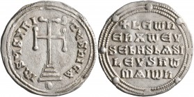 Leo VI the Wise, 886-912. Miliaresion (Silver, 23 mm, 2.66 g, 1 h), Constantinopolis. IҺSЧS XRISTЧS ҺICA Cross potent set on three steps; below, globe...