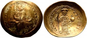Constantine X Ducas, 1059-1067. Histamenon (Gold, 25 mm, 4.39 g, 7 h), Constantinopolis. +IhS XIS RЄX RЄςNANTҺIm Christ, nimbate, seated facing on squ...