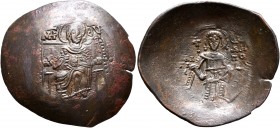 Isaac II Angelus, first reign, 1185-1195. Aspron Trachy (Bronze, 29 mm, 3.12 g, 6 h), Constantinopolis. Virgin Mary, nimbate, seated facing on square-...