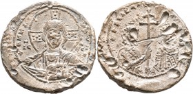 Basil II Bulgaroktonos, with Constantine VIII, 976-1025. Seal (Lead, 31 mm, 24.42 g, 11 h). +ЄΜΜΑ-ΝΟVΗΛ / IC - XC Bust of Christ Pantokrator facing, w...